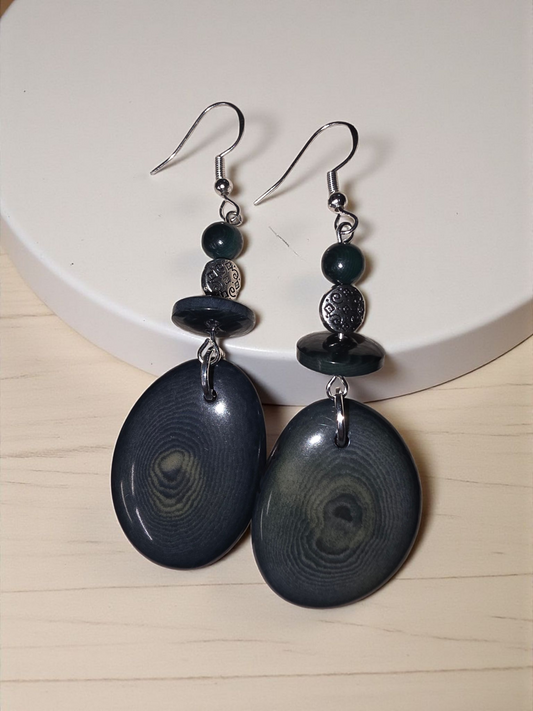 Forest Green Thick Slice Tagua Earrings with Stunning Natural Grain Design