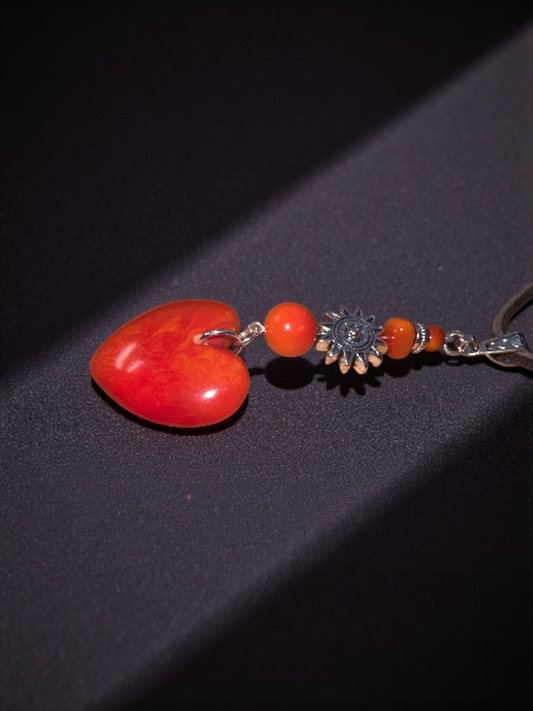 Flame Orange Carved Heart Meets the Sun Amulet Pendant Necklace Vegan from the Rainforest