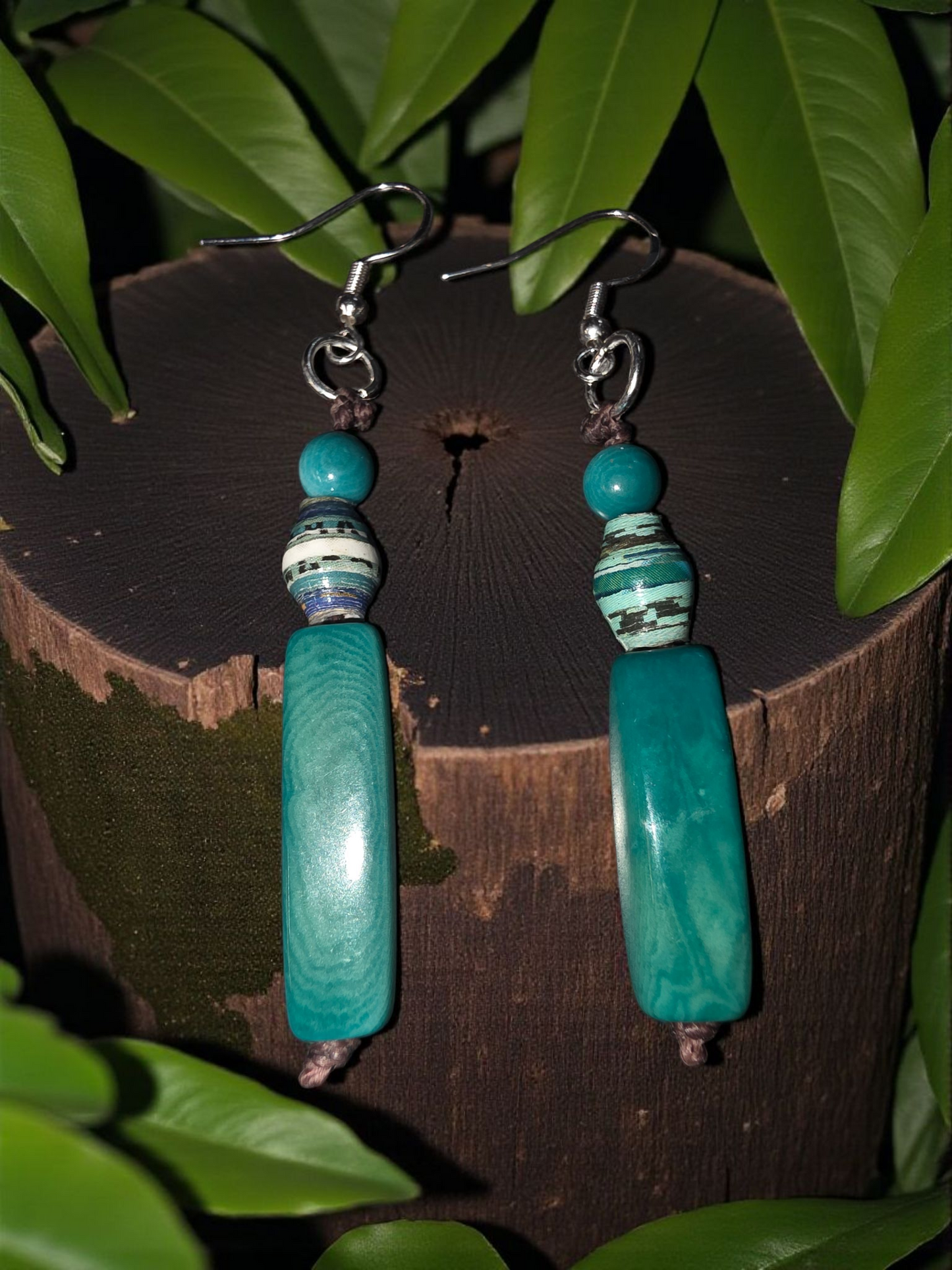 Teal Turquoise Tagua Hand-Tied Dangles