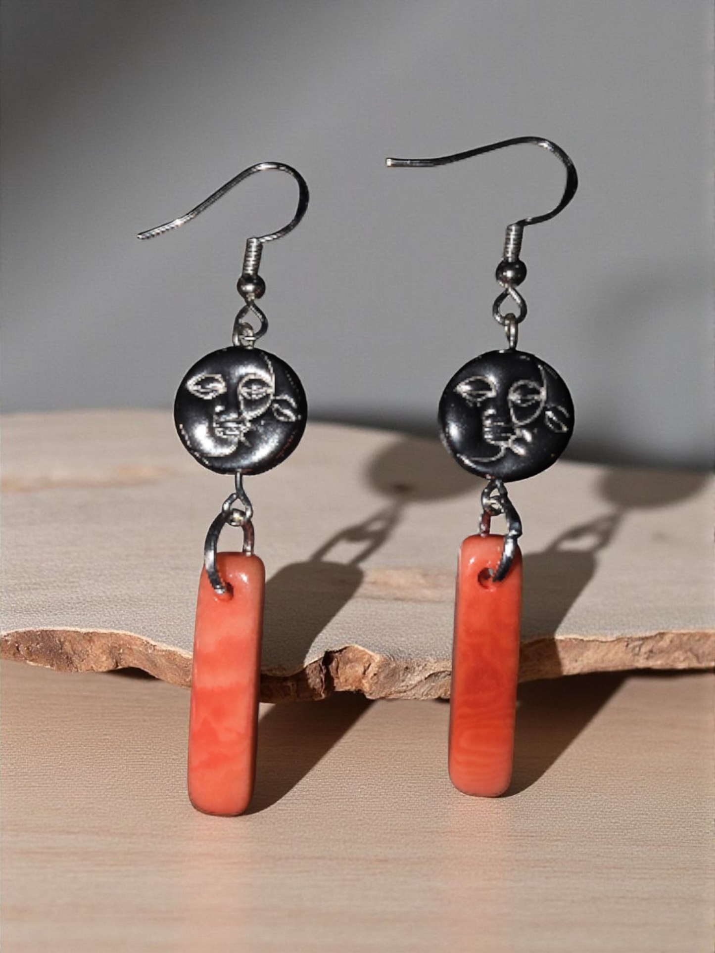 Sun and Moon Amulet Bead and Peach Melon Tagua Handmade Small Baguette Earrings