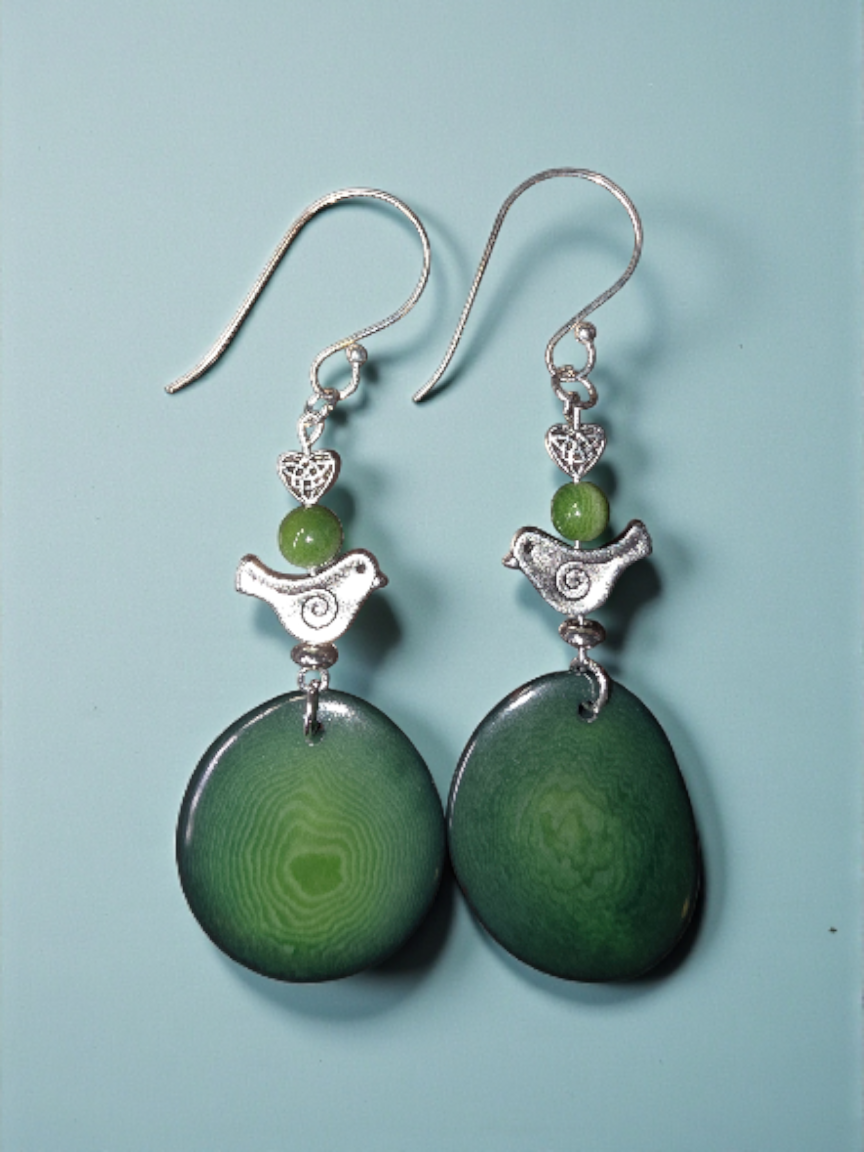 Lightweight Forest Green Tagua Slice with a Pretty Swirl Bird Handmade Earrings