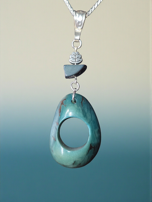 Stunning Thick Carved Turquoise Colored Polished Tagua Nut Necklace