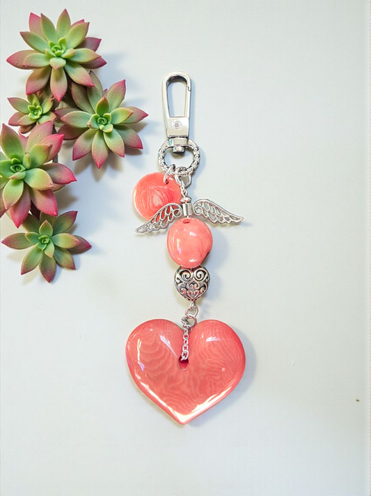 Super Thick Salmon Pink Tagua Carved Heart Bag Charm or Keychain with Angel Wings and Metal Heart Bead - Vegan