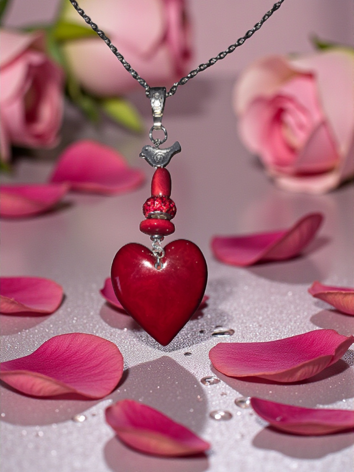 Ruby Red Carved Tagua Heart Pendant Necklace with Sweet Bird and Bling Accent