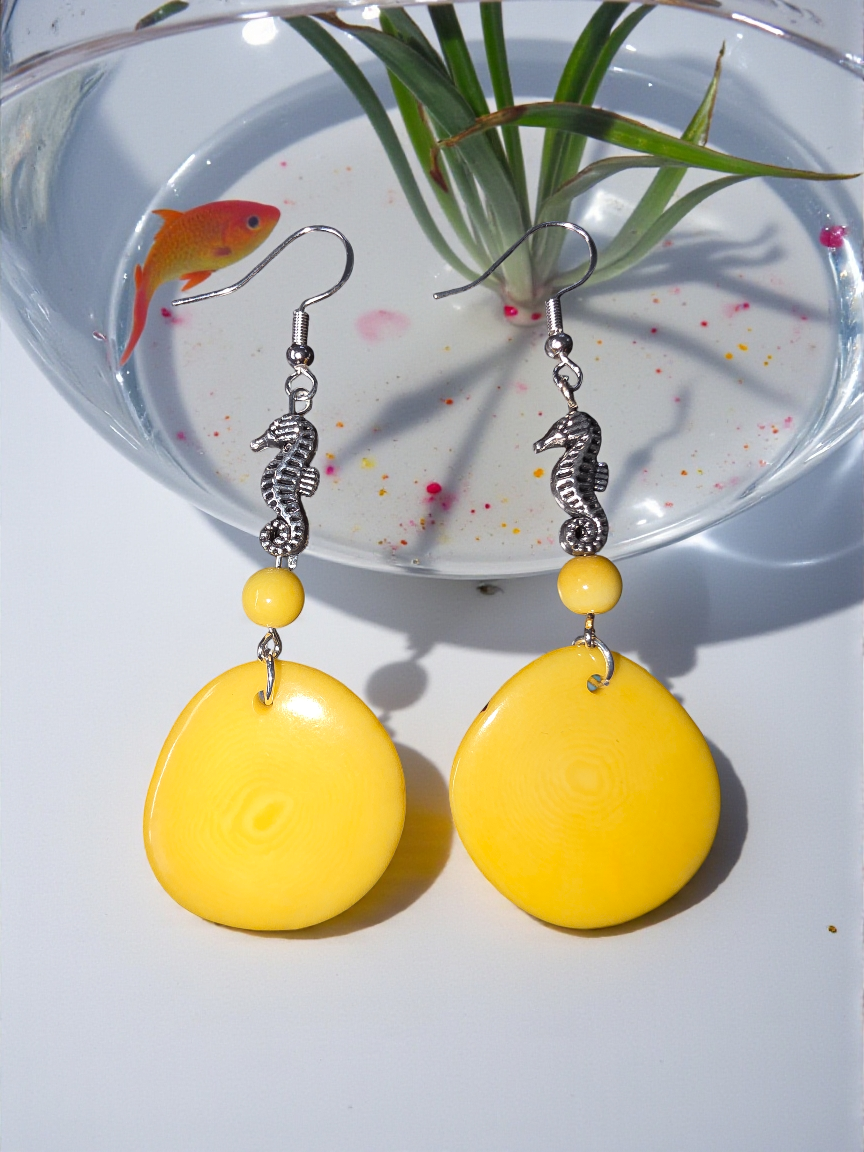 Bright Yellow Tagua Nut Slice Earrings with Seahorse Bead