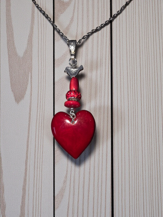 Ruby Red Carved Tagua Heart Pendant Necklace with Sweet Bird and Bling Accent