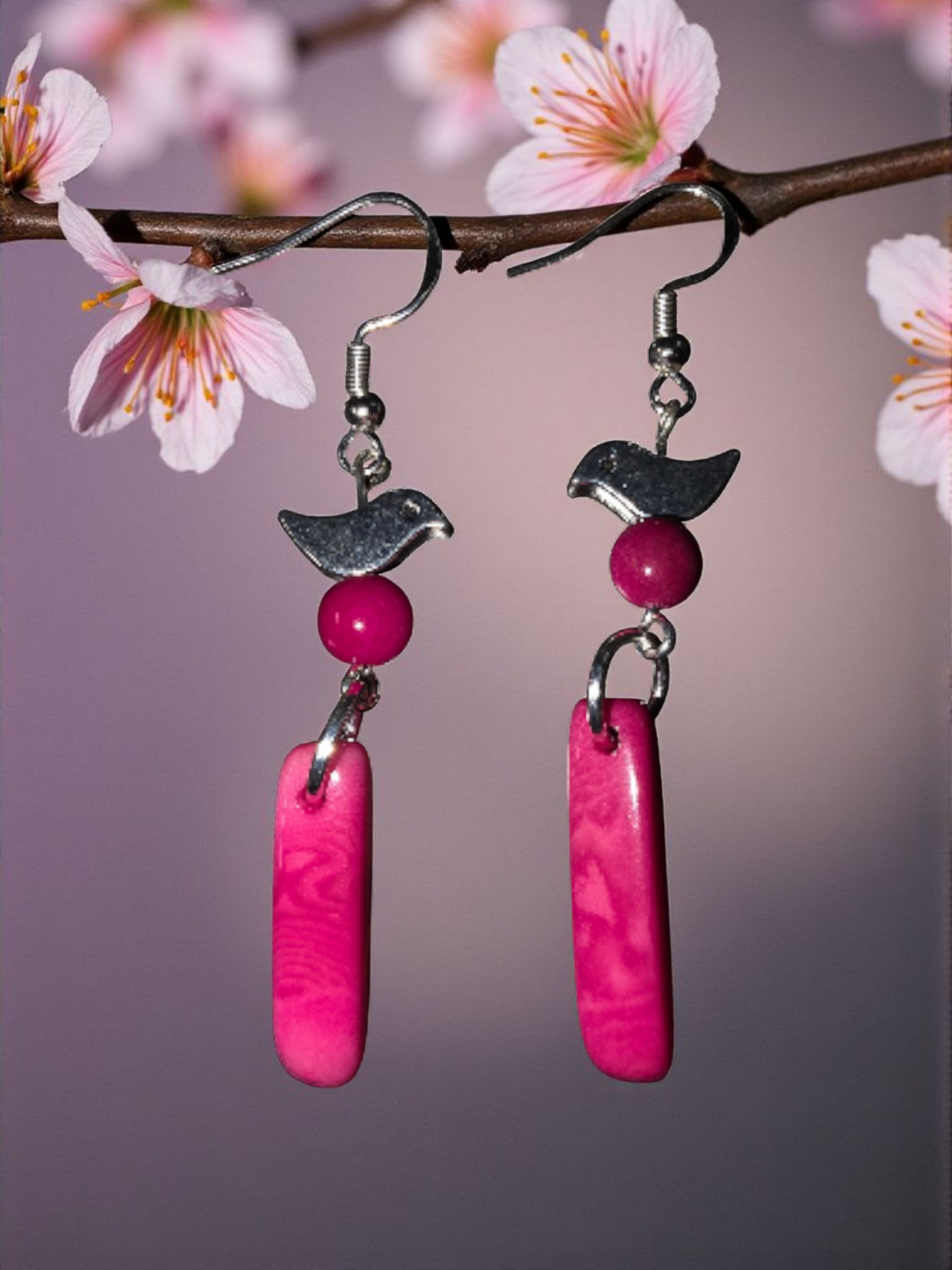 Be Pretty in Pink Tagua with Silver Coated Brass Birds Handmade Earrings