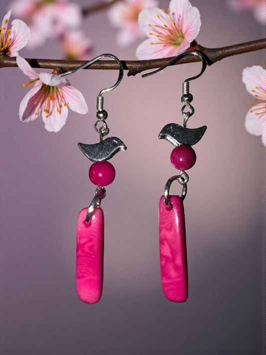 Be Pretty in Pink Tagua with Silver Coated Brass Birds Handmade Earrings