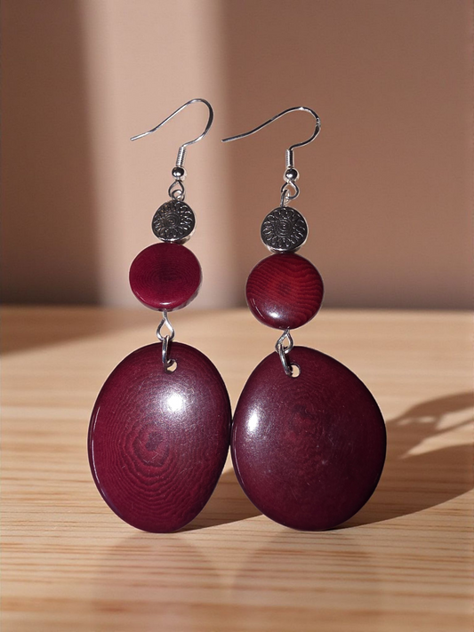 Rich Burgundy Red Wine Tagua Sweet Handmade Little Round Disc Earrings
