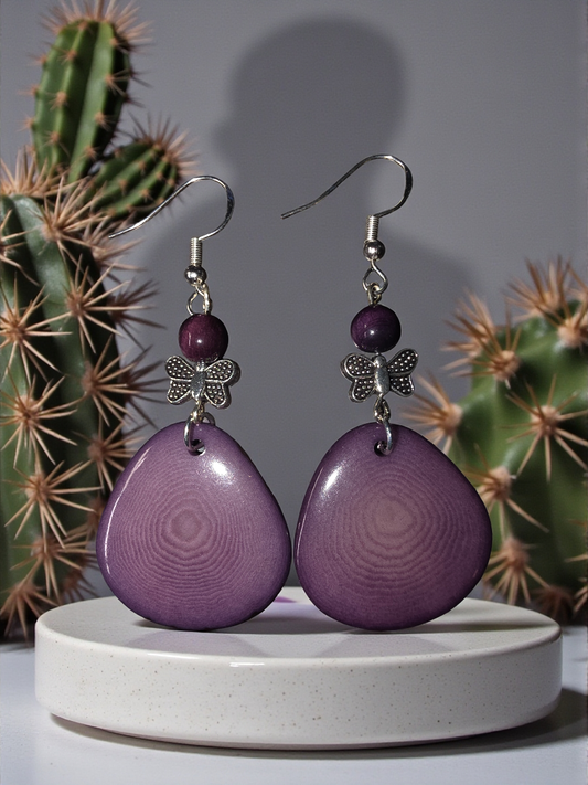 Heather Purple Sliced Tagua Nut Earrings with Butterfly Bead Accent
