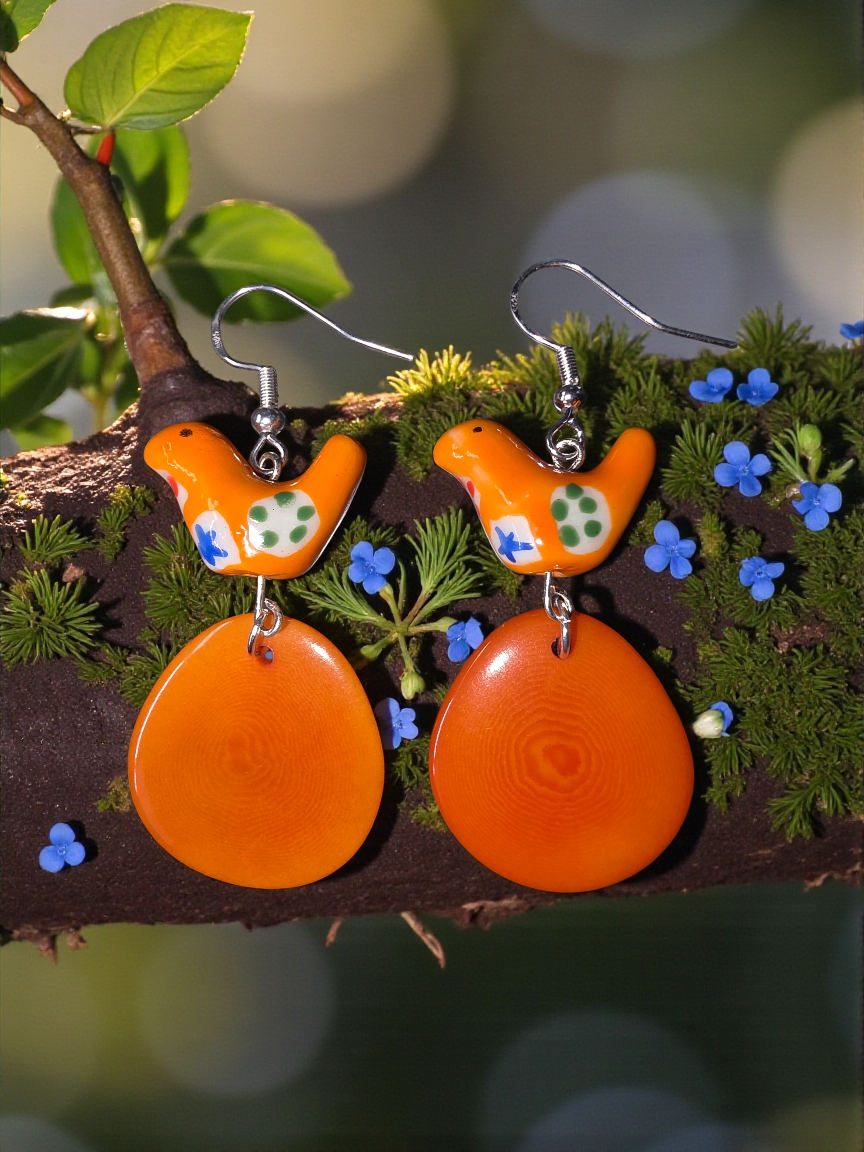 Folk-Art Orange Bird and Tagua Slice Earrings