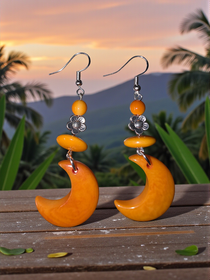 Orange Marmalade Moon Carved Tagua Nut Earrings with Sunflower  Beads