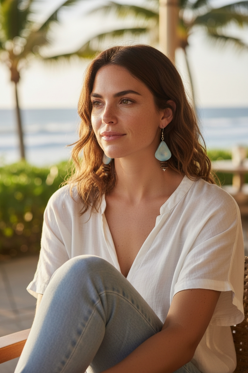 Sky Blue Rainforest Thick Tagua Nut Earrings with Forest Seed Beads