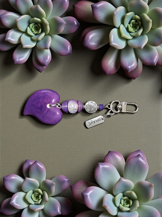 BRAVE : Purple Tagua Carved Heart Bag Charm or Keychain with Tibetan Amulet Metal Bead