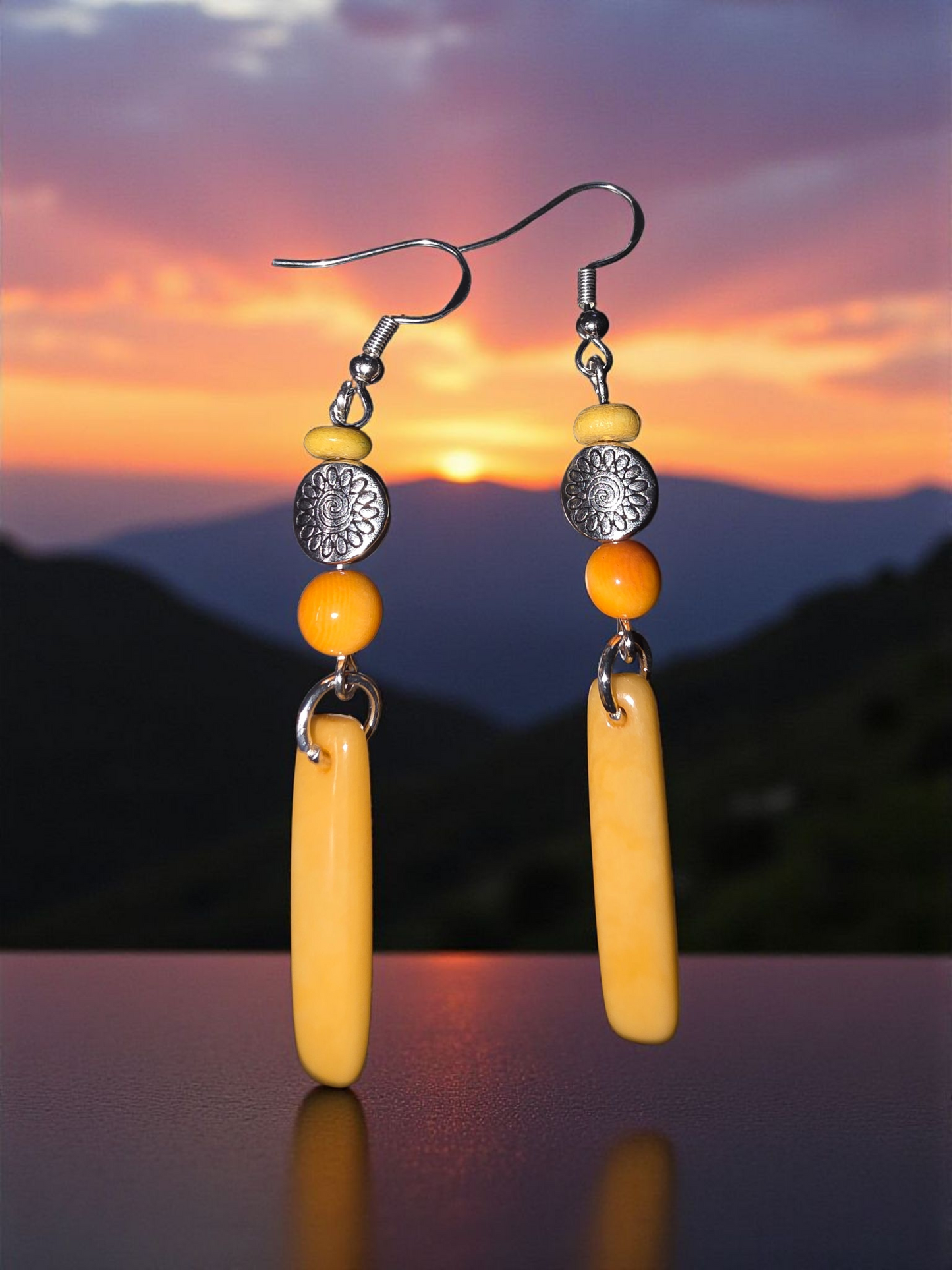 Yellow Orange Crush Baguette Tagua Earrings with Tibetan Amulet Sun Bead