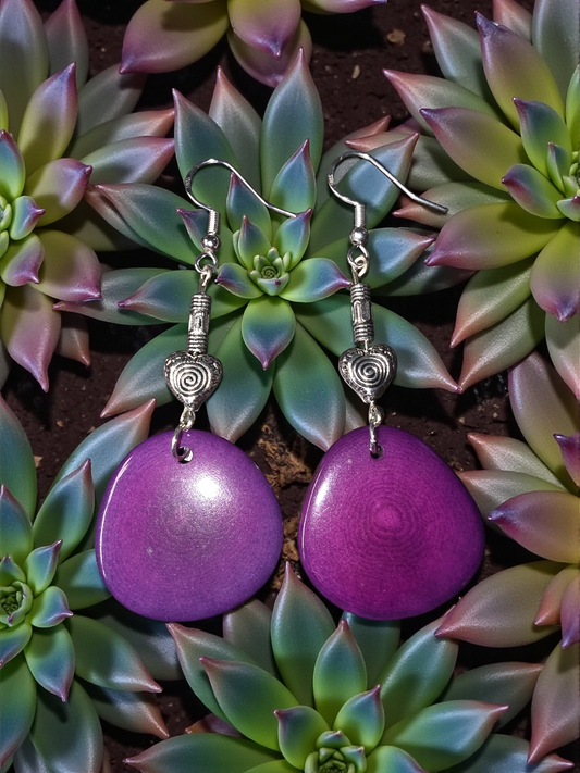 Plum Purple Sliced Tagua Nut Earrings with Swirly Heart Bead Accent