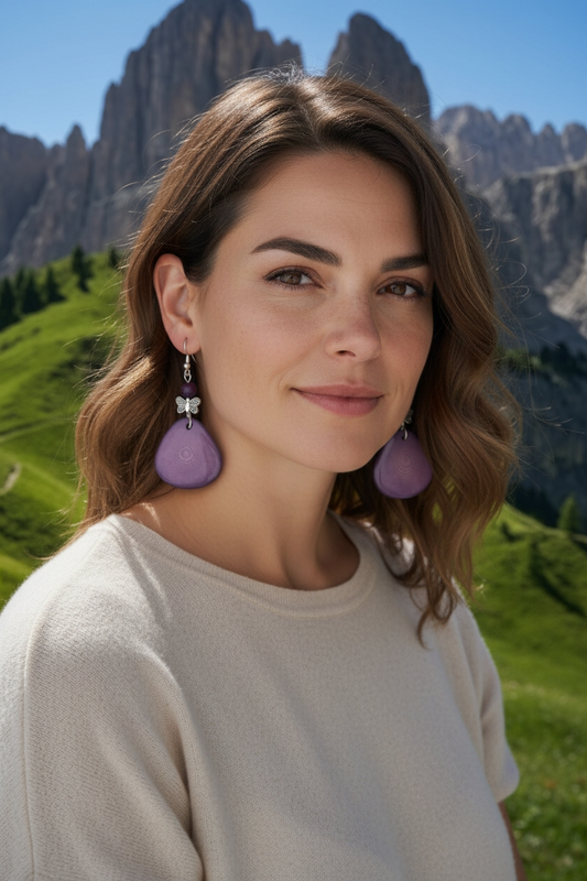 Heather Purple Sliced Tagua Nut Earrings with Butterfly Bead Accent