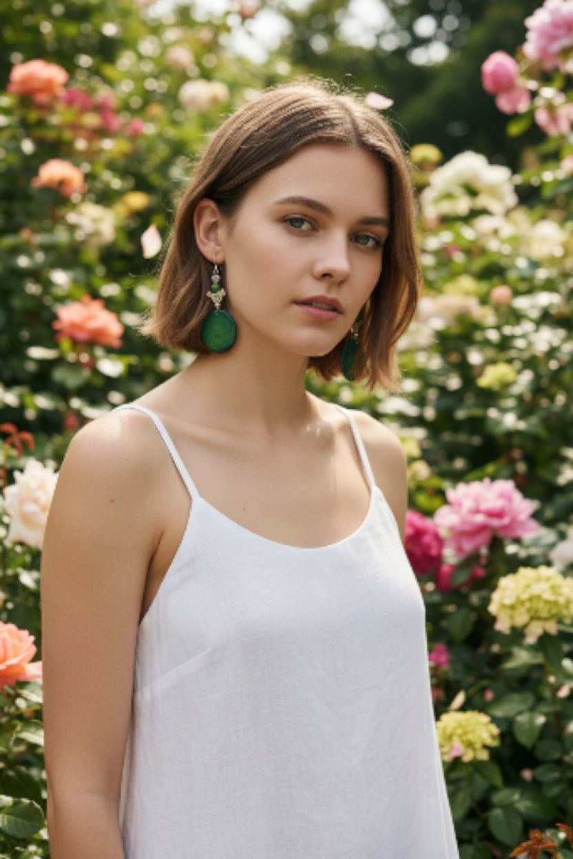 Lightweight Forest Green Tagua Slice with a Pretty Swirl Bird Handmade Earrings