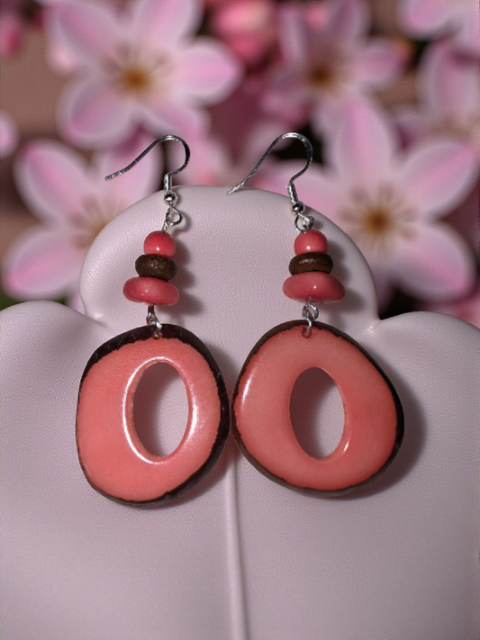 Handmade Natural Donut Cut Fair Trade Tagua Hoop Live Edge Earrings in Salmon Pink, Thick but Lightweight
