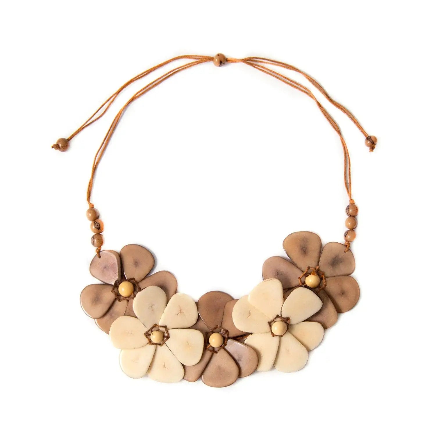 Rosalia necklace pastel multi beige and tan shell flower statement necklace with braided cord for stylish wear
