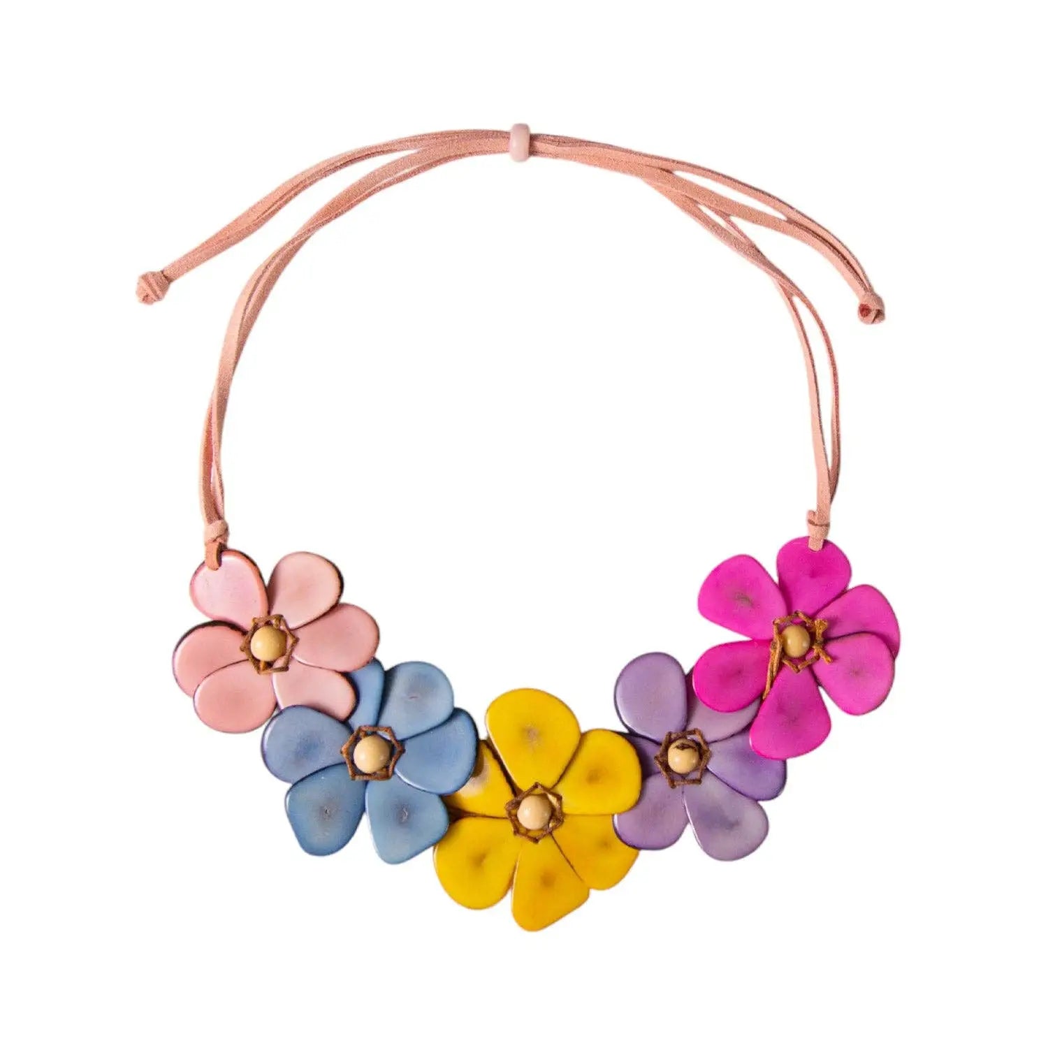 Rosalia necklace pastel multi featuring colorful hand-painted wooden flower pendants in pink blue yellow and purple hues