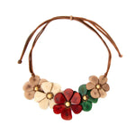 Rosalia necklace pastel multi colorful floral statement necklace with handcrafted red green beige resin flowers on leather cord