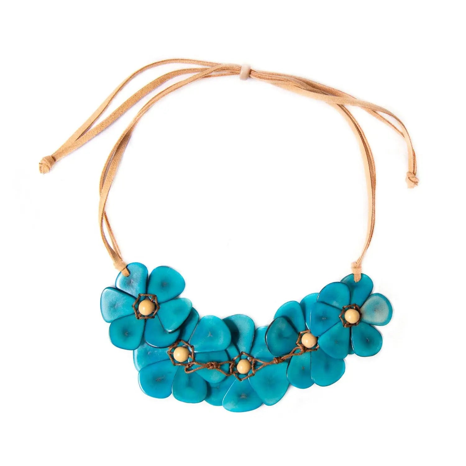 Rosalia necklace featuring a turquoise flower-shaped pendant on a tan leather cord in pastel multi colors