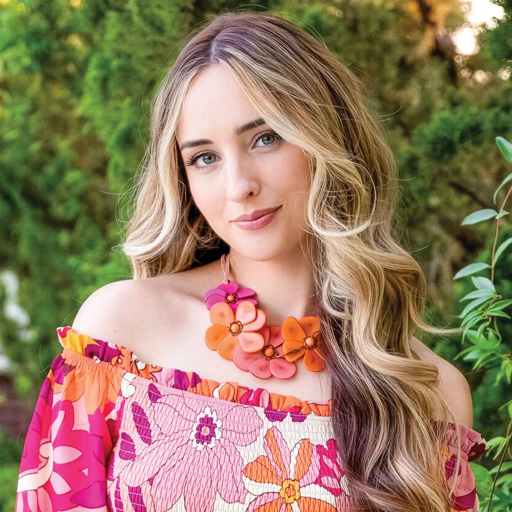 Rosalia Necklace pastel multi vibrant orange and pink floral statement necklace with layered handcrafted flower design