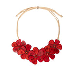 Rosalia necklace pastel multi vibrant red floral statement necklace with glossy shell petals and metallic centers on tan leather cord