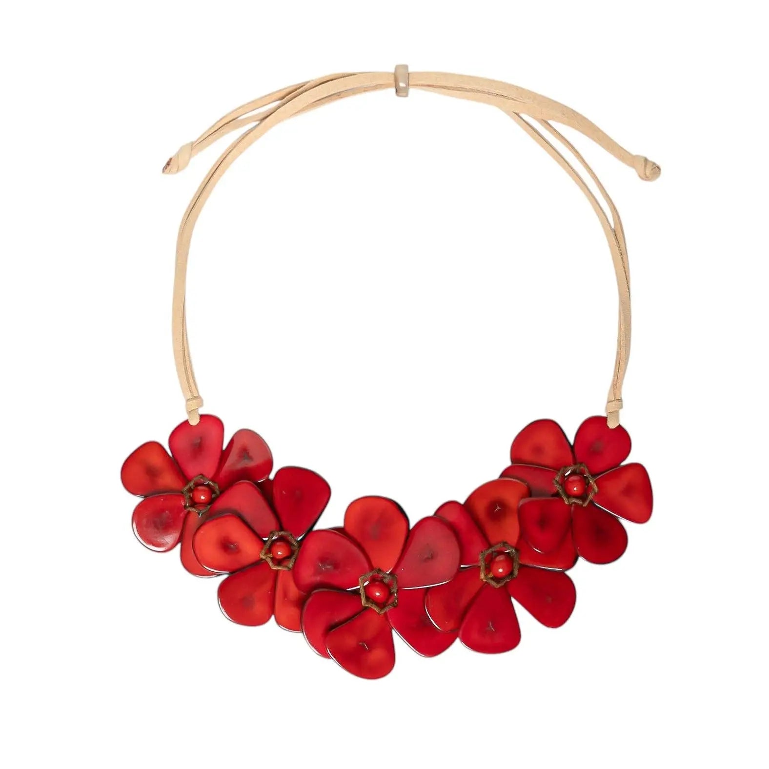 Rosalia necklace pastel multi vibrant red floral statement necklace with glossy shell petals and metallic centers on tan leather cord
