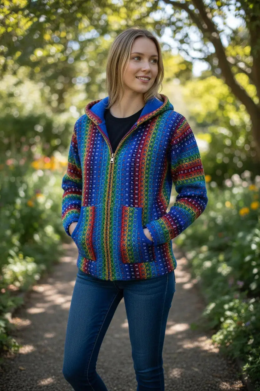 Vibrant royal blue rainbow knitted zip-up hoodie with blue-lined hood and pockets made from 100% otavalo wool