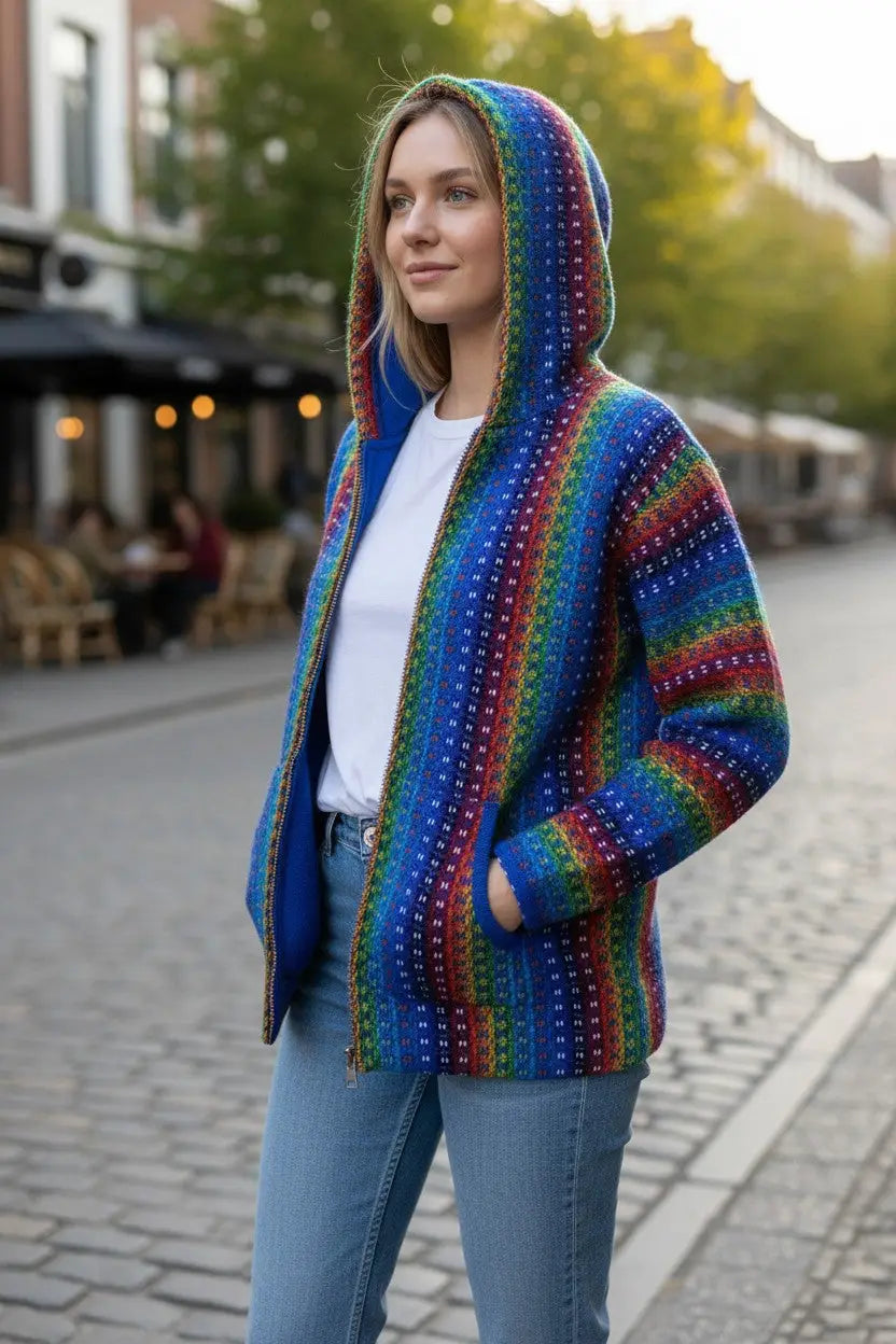 Vibrant royal blue rainbow knitted hooded cardigan made from 100% andean sheep wool with cozy ribbed cuffs and pockets