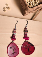 Ruby red happy little tree cutout pendant earrings with layered red beads and silver hooks