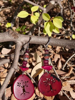 Ruby red happy little tree cutout vibrant red tree of life pendant earrings with layered beads and metallic hooks