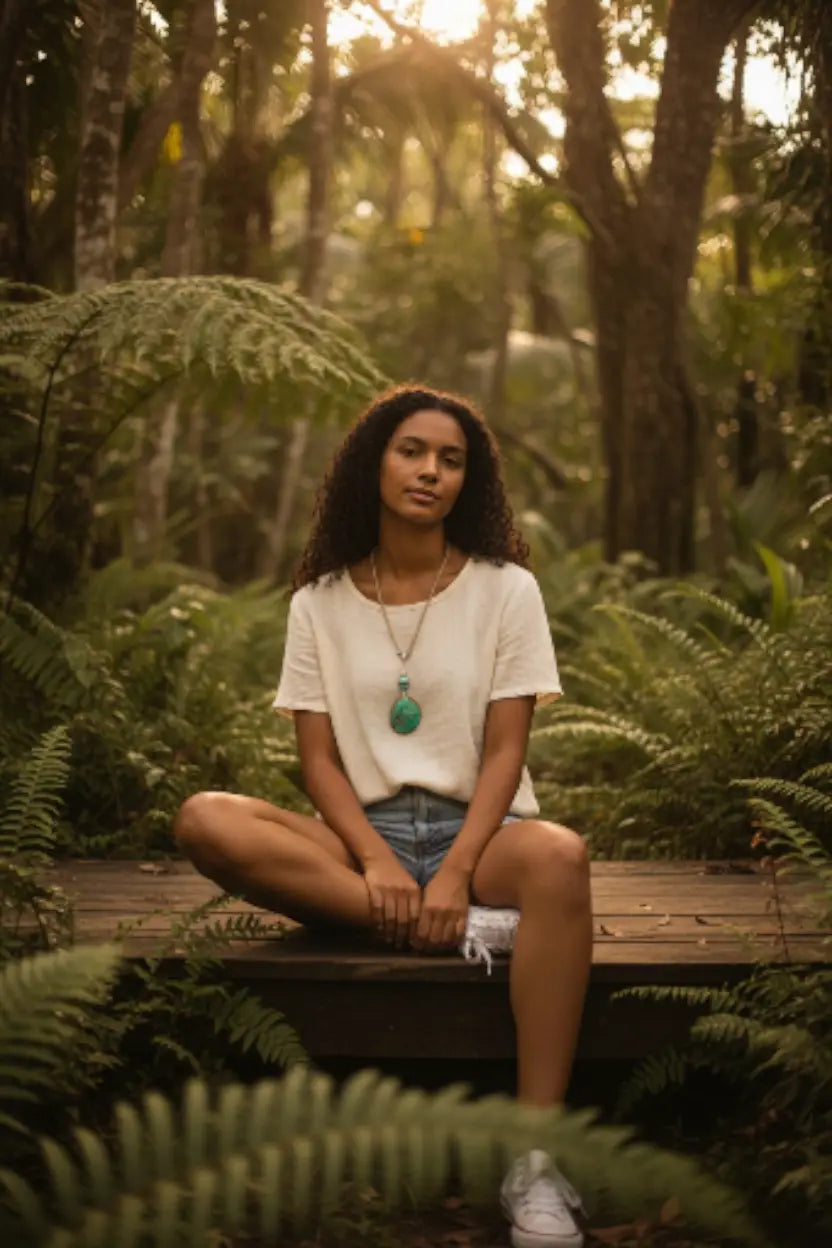 A woman in a white top and denim shorts sits on a wooden platform wearing a rustic turquoise carved tagua nut pendant necklace