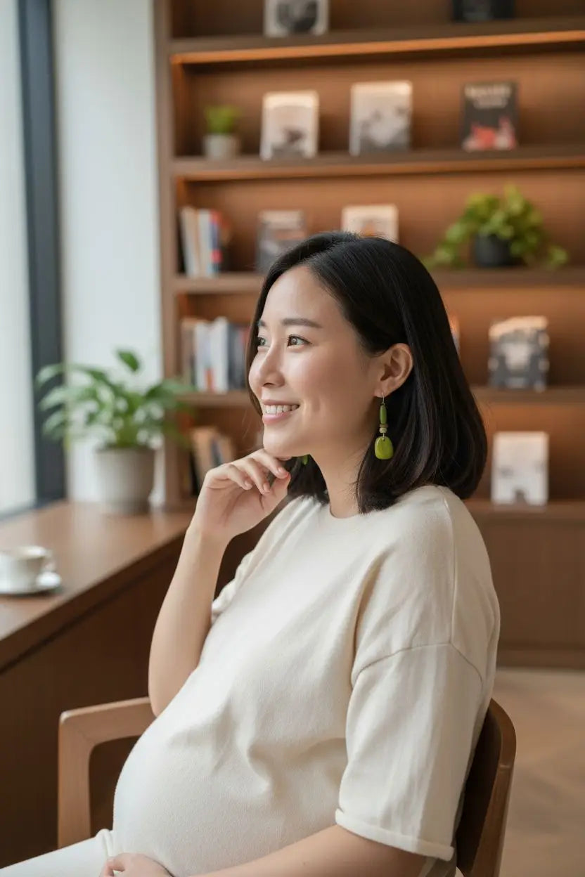 A woman wearing a soft white t-shirt showcasing sage cut perfectly imperfect polished pair of tagua earrings