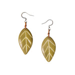 Samira earrings aqua olive green leaf shaped earrings with white veining and copper wire hooks for everyday wear