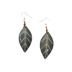 Samira earrings orange gray leaf-shaped earrings with white veins silver hooks and brown leather ties