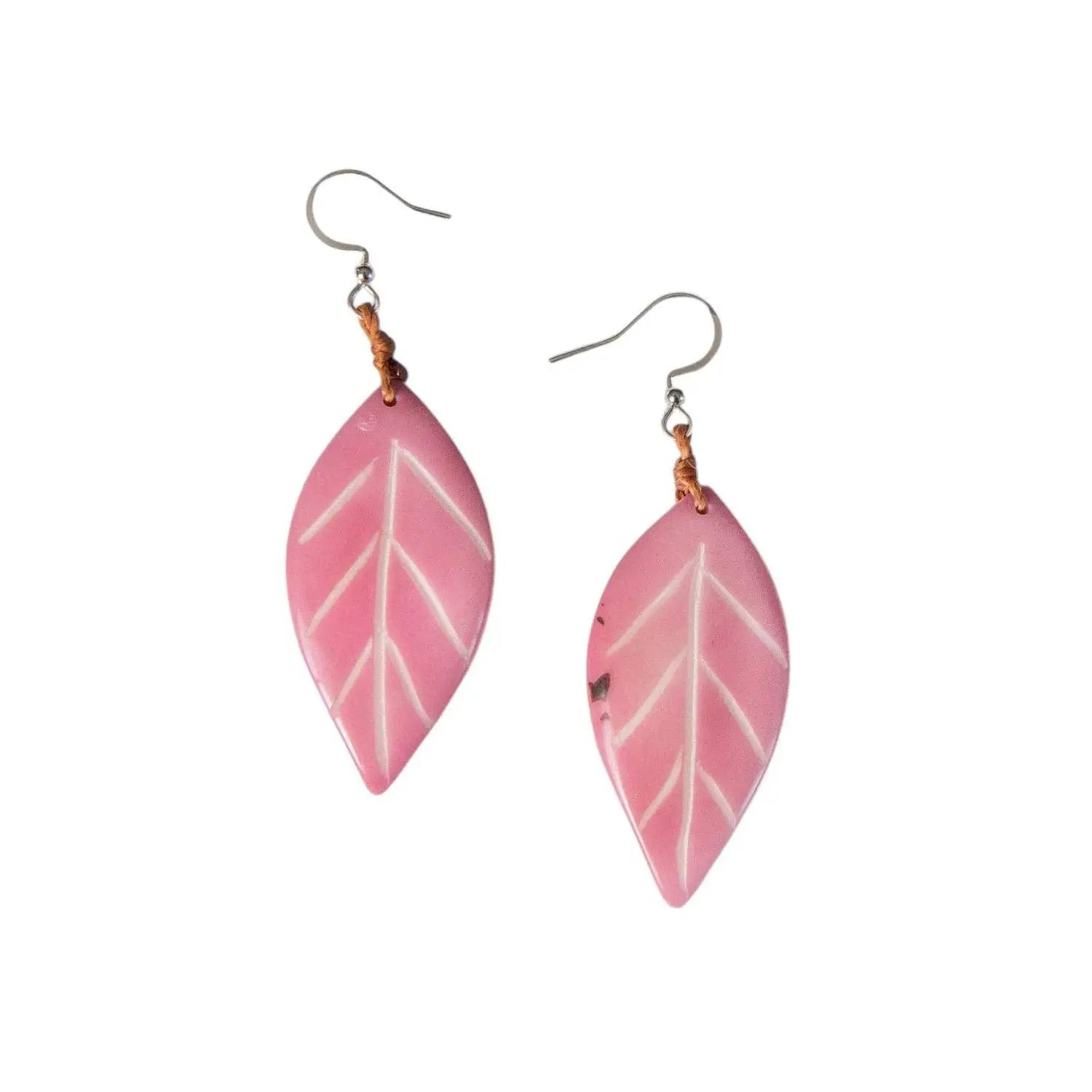 Samira earrings orange pink leaf shaped earrings with white vein detailing and silver hooks for everyday wear