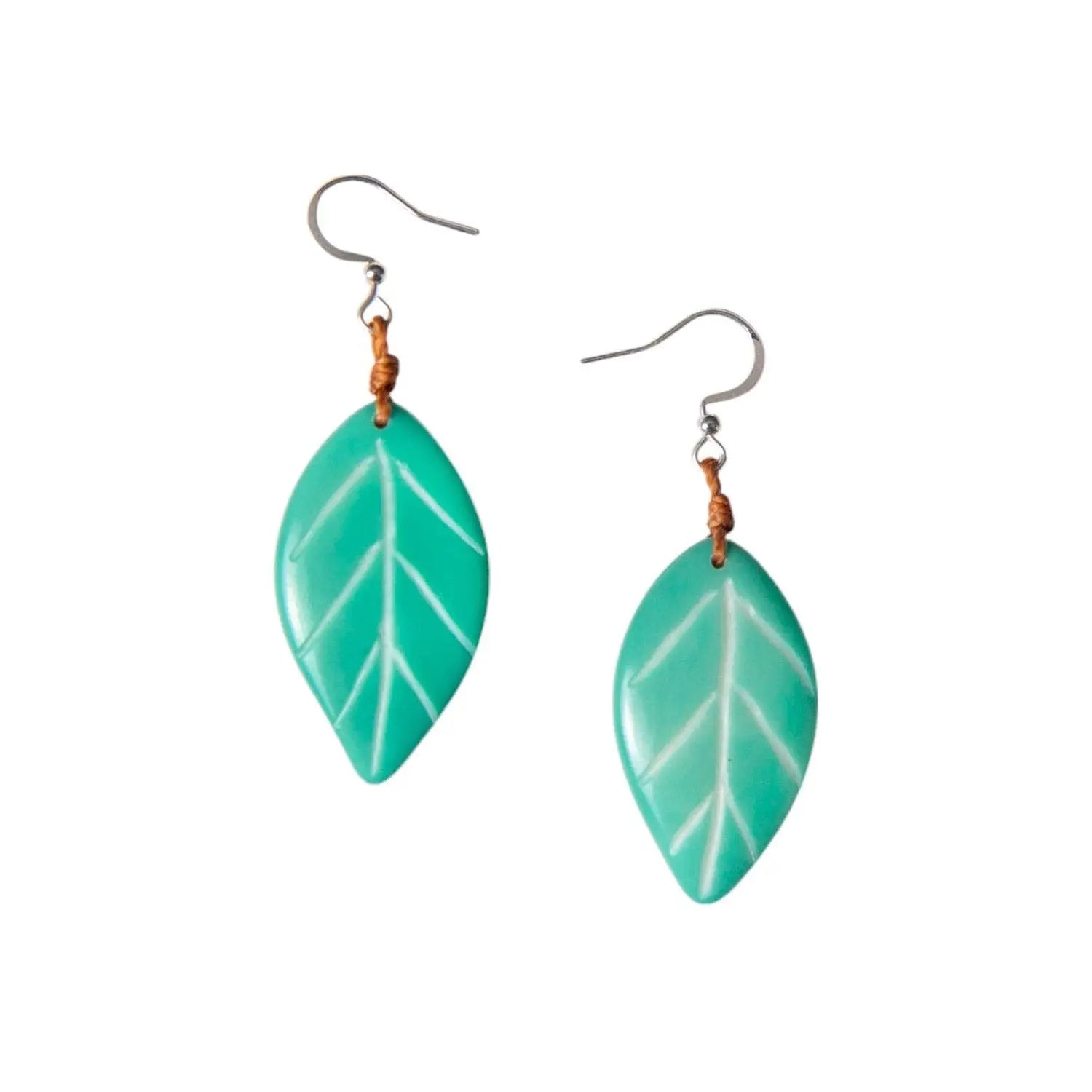 Samira earrings orange featuring teal leaf-shaped resin earrings with white vein detailing and silver hook attachments