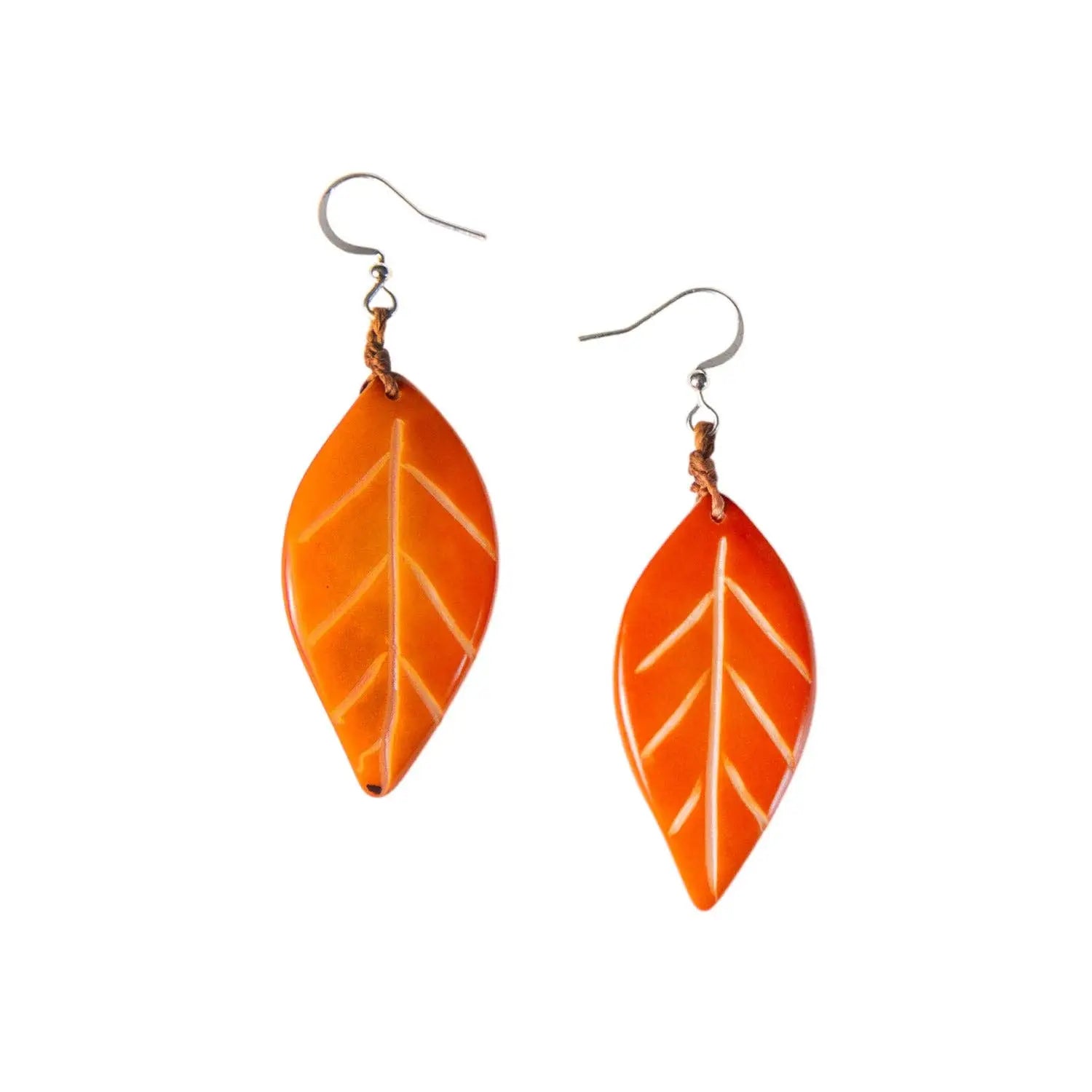 Samira earrings vibrant orange leaf shaped with white vein detailing and silver fishhook clasps