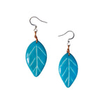 Samira earrings pink turquoise leaf-shaped earrings with white vein detailing and brown leather ties