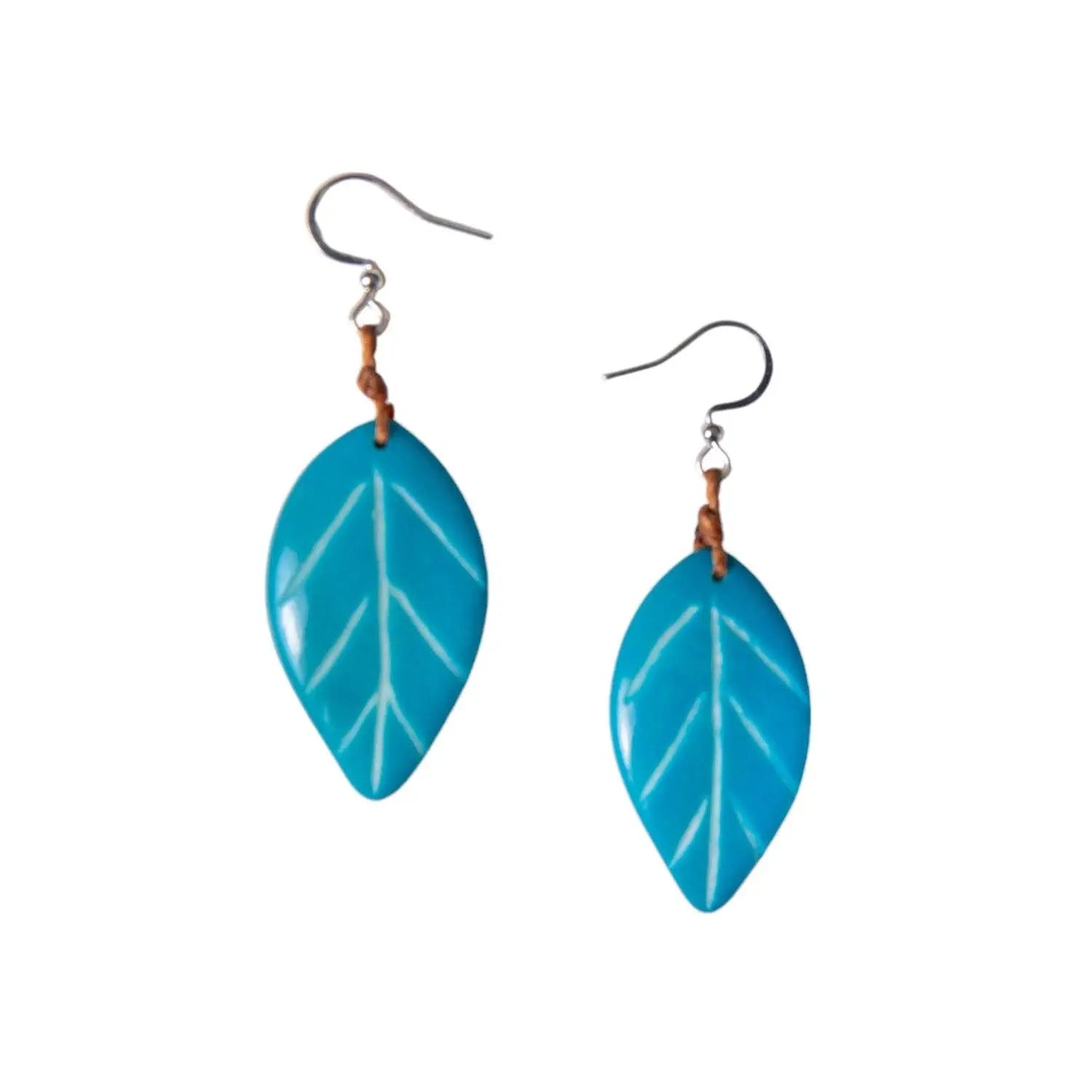 Samira earrings pink turquoise leaf-shaped earrings with white vein detailing and brown leather ties
