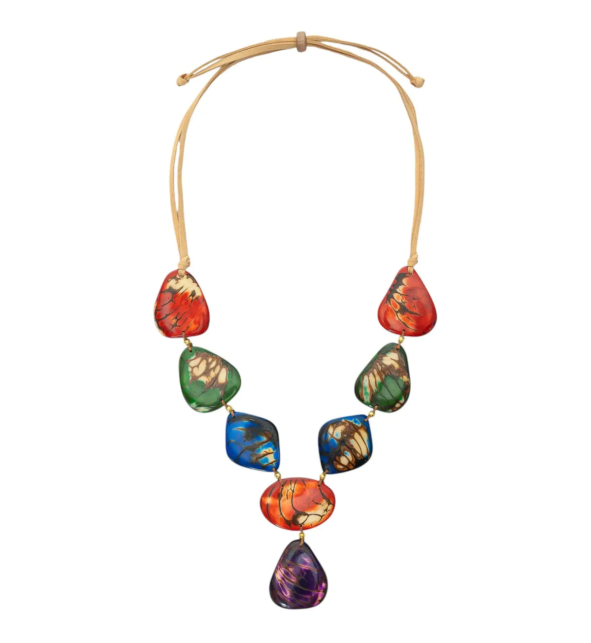 A vibrant sanded and dyed tagua statement necklace with multi-bright marbled teardrop beads on a tan cord