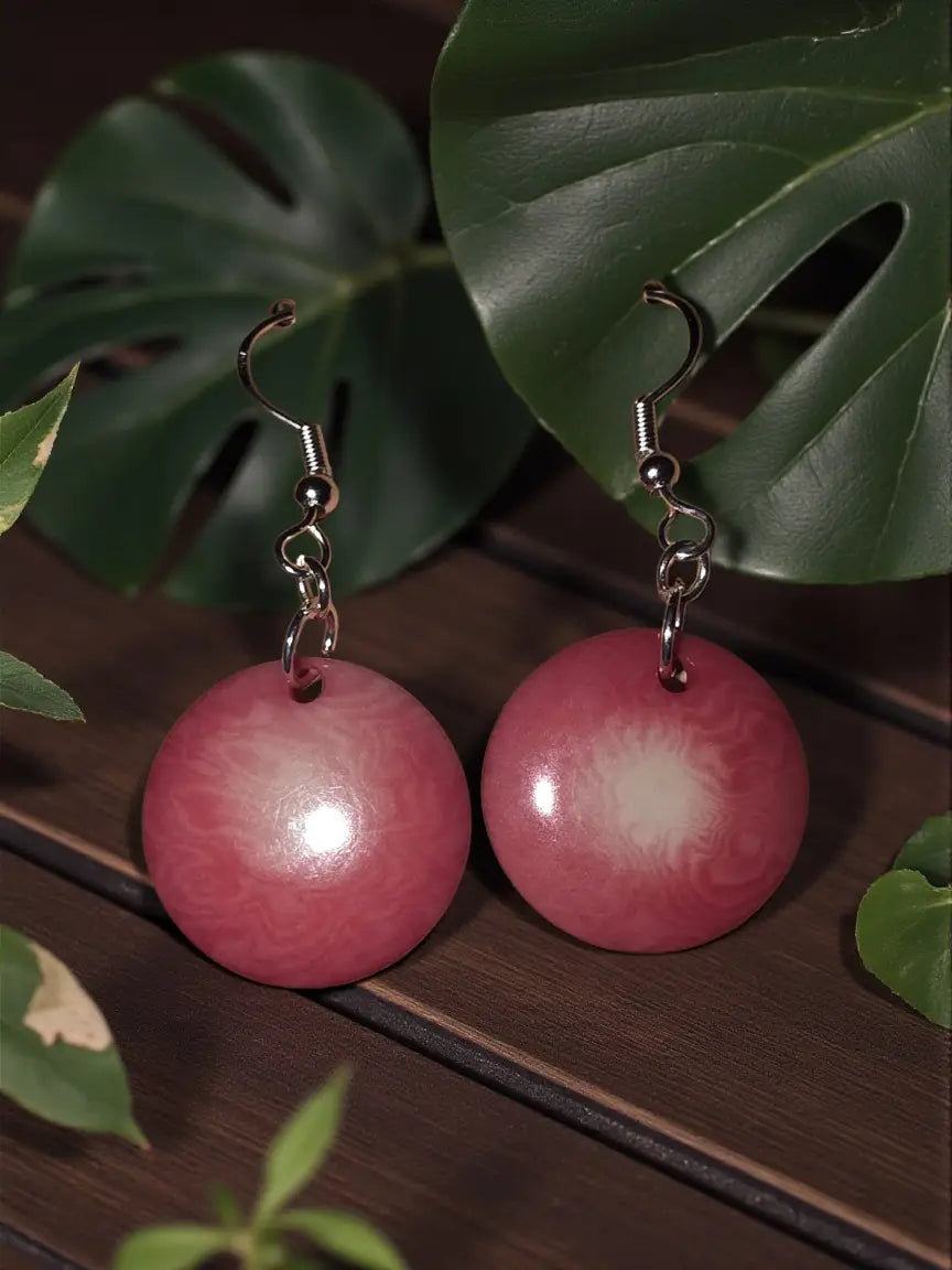 Simple pink misty collection circular wooden earrings with glossy white marbling and silver hooks eco friendly usa made