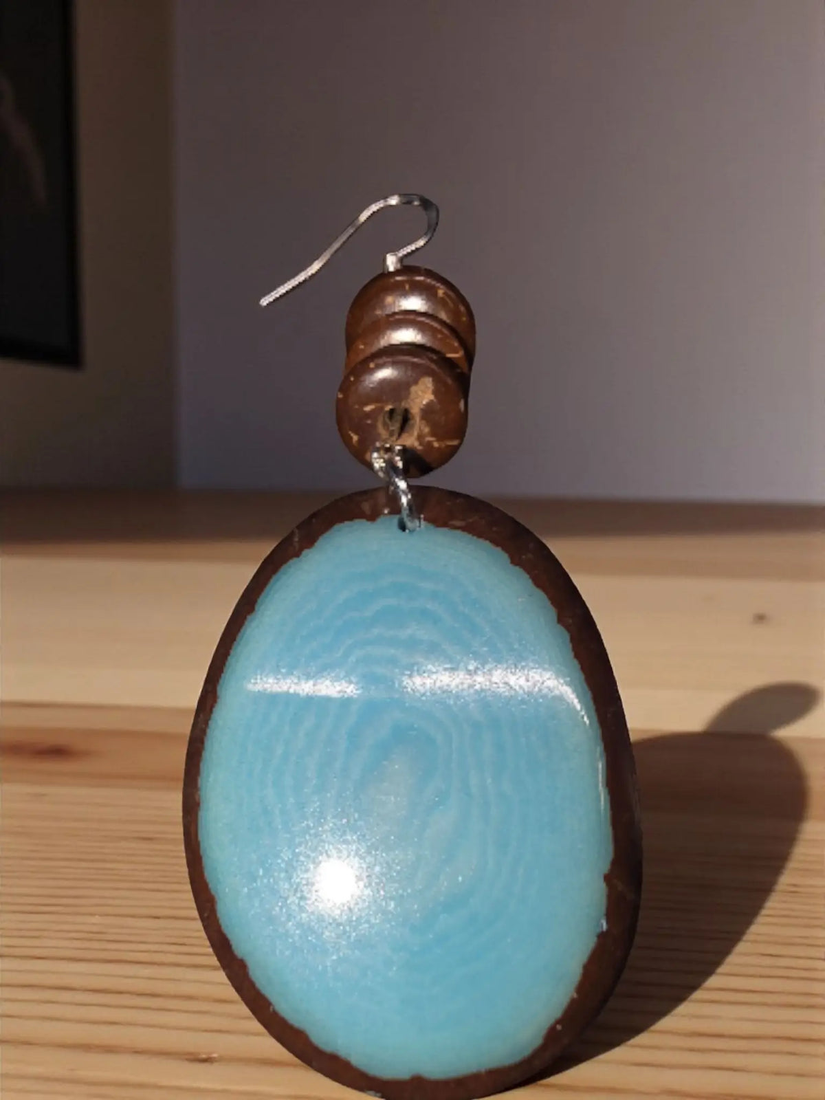 Sky blue natural edge lightweight tagua earrings with turquoise and brown coconut shell and silver hook