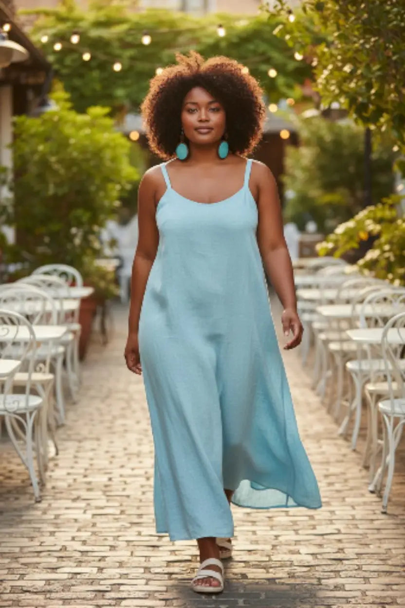 A flowing light blue sleeveless maxi dress paired with sky blue lightweight tagua unique grain earrings center slice