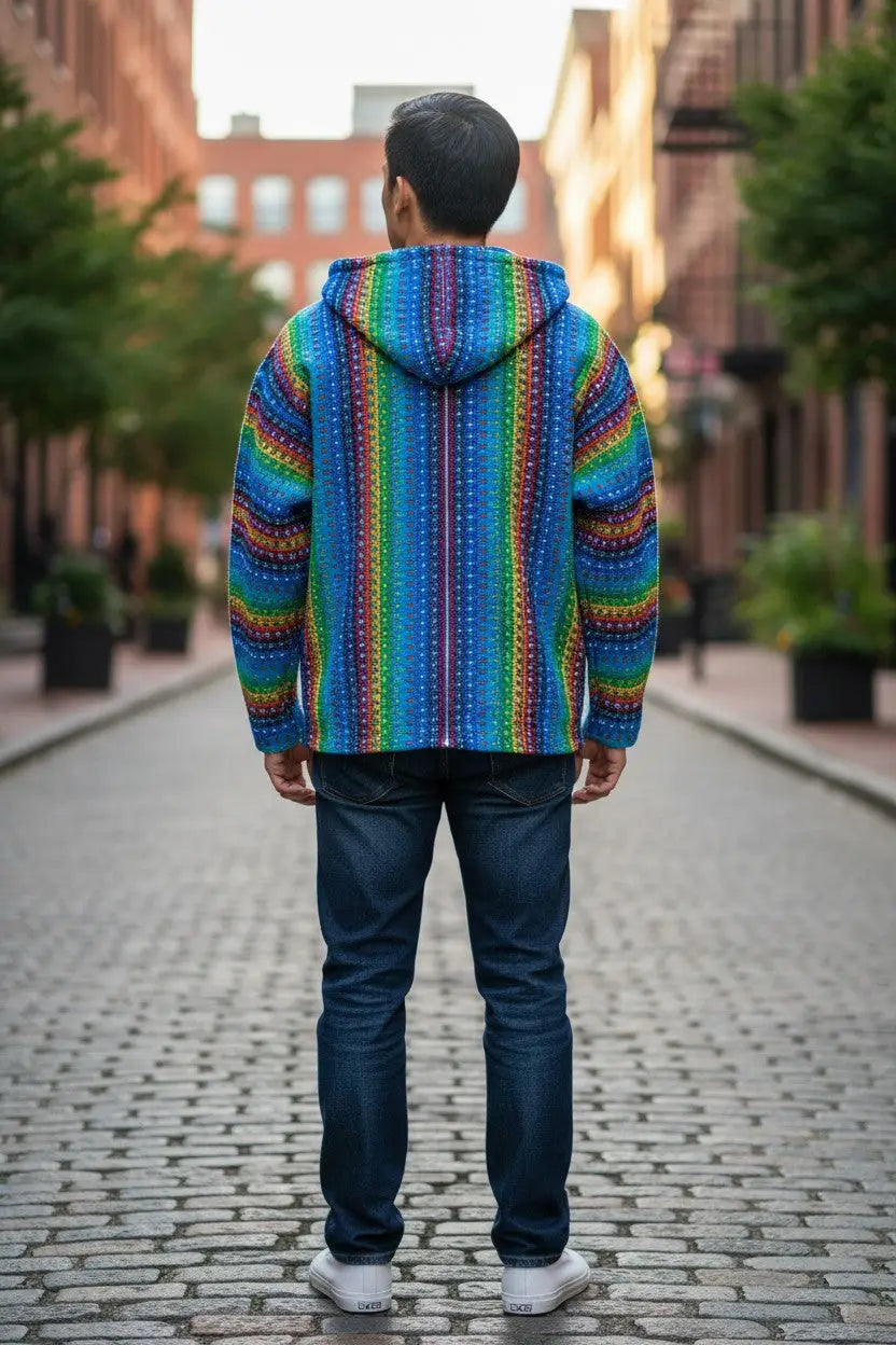 Sky blue rainbow hooded sweater made from 100% otavalo artisan andean sheep’s wool with woven textile tradition