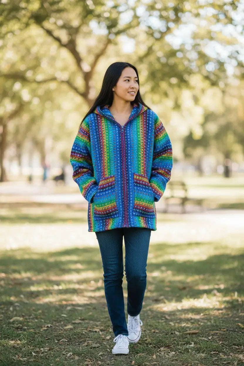 Sky blue rainbow knitted hoodie cardigan with zip front pockets made from 100 percent Andean sheep wool textile tradition
