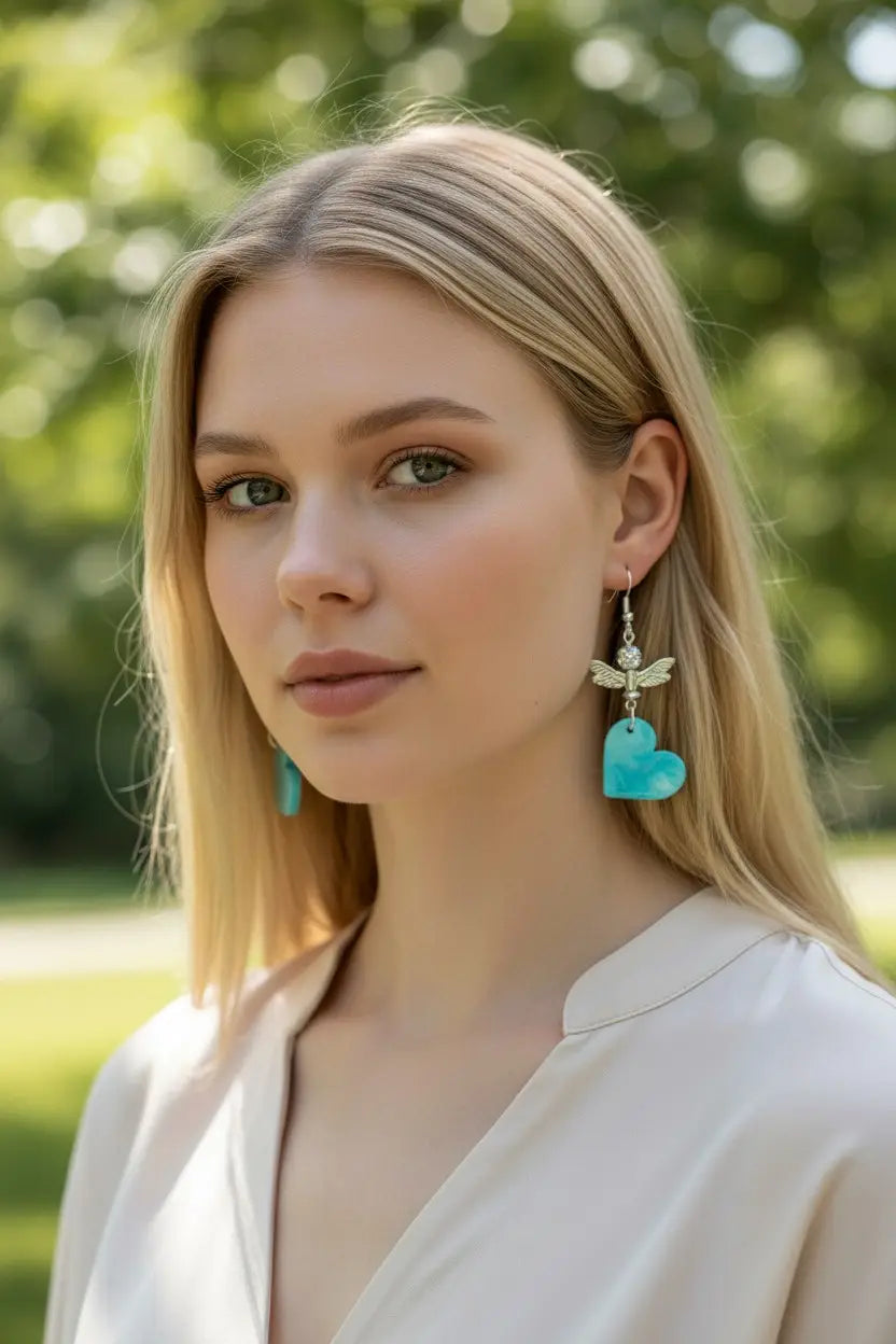 Sky blue heart-shaped tagua vegetable ivory earrings with delicate gold-toned butterfly dangle from rainforest collection
